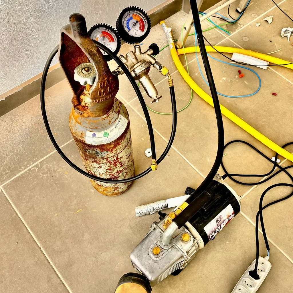 Manifold, bomba de vácuo e cilindro de nitrogênio em campo